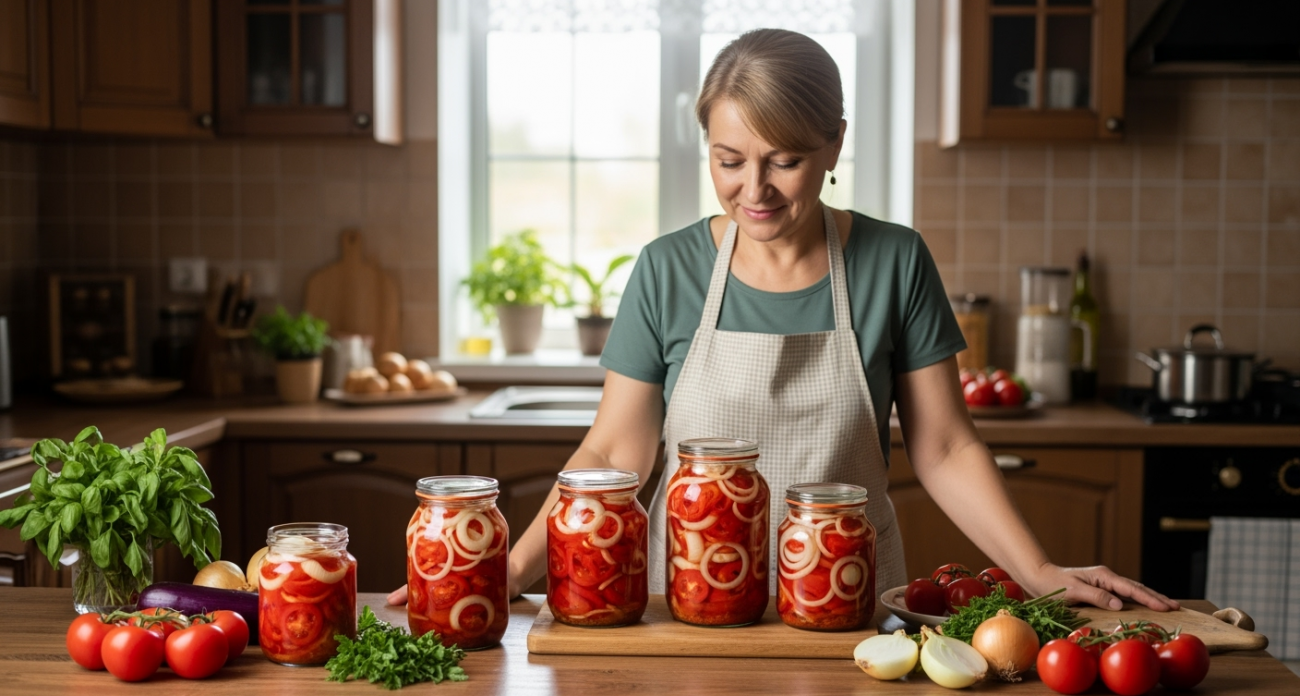 Попробовала рецепт - всем понравилось: теперь закрываю лук в томатном маринаде на зиму пятью порциями