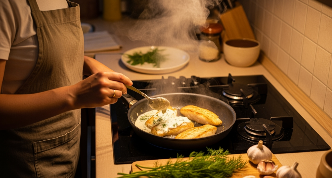 Ужин за 15 минут: жареный минтай в соусе бешамель с чесноком и укропом - простой секрет быстрого ужина