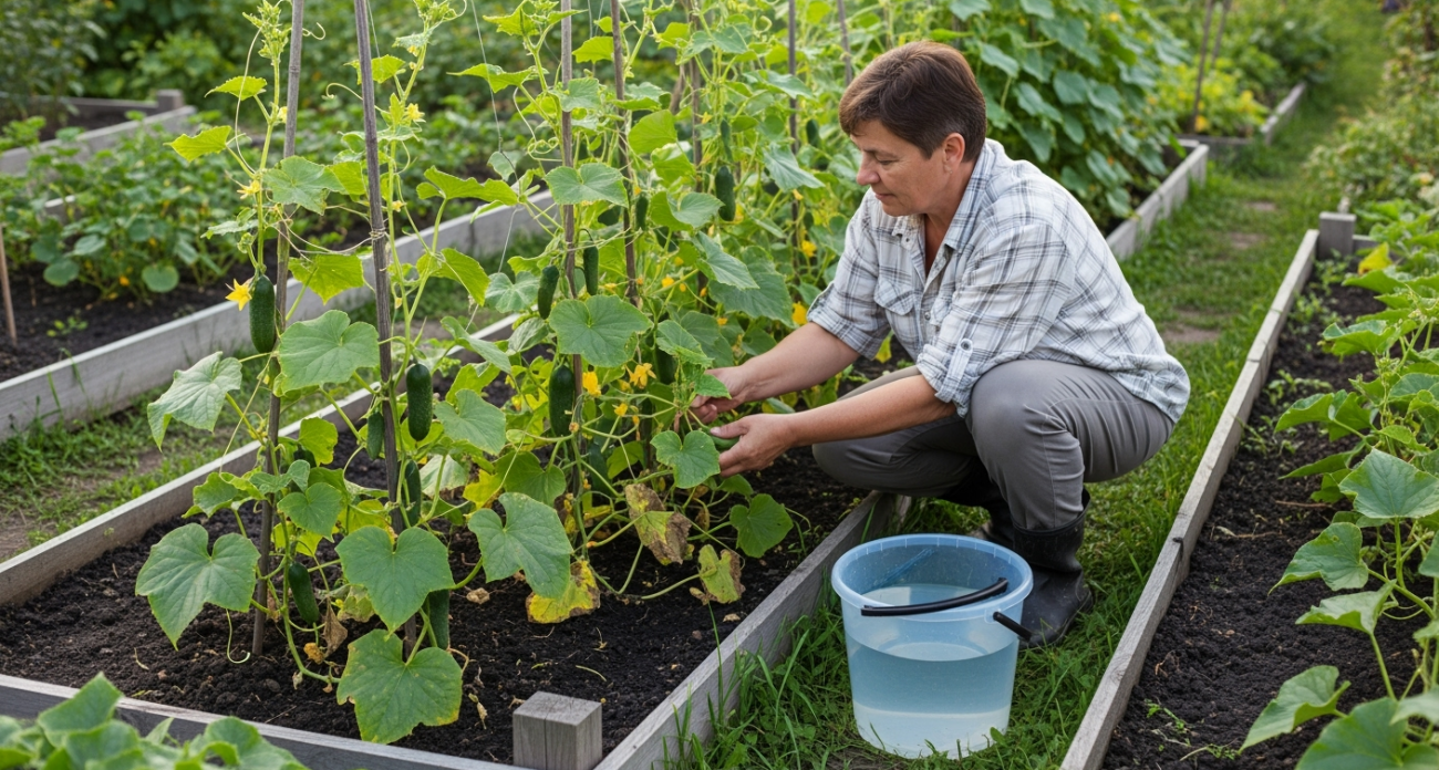 Один стакан на ведро воды — и огурцы не боятся холода: растут сочными и хрустящими, как южные
