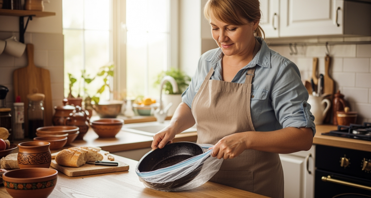 Кладу сковороду в обычный пакет — нагар отлетает мгновенно, а посуда блестит как зеркало