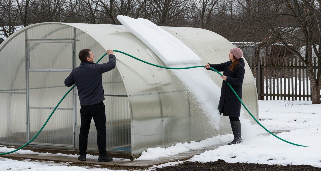 Старый трюк садоводов: как очистить теплицу от снега без усилий всего за полминуты