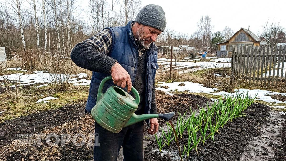 Как только земля оттает, вношу всего одну подкормку — чеснок стоит зелёный и не желтеет до самого сбора